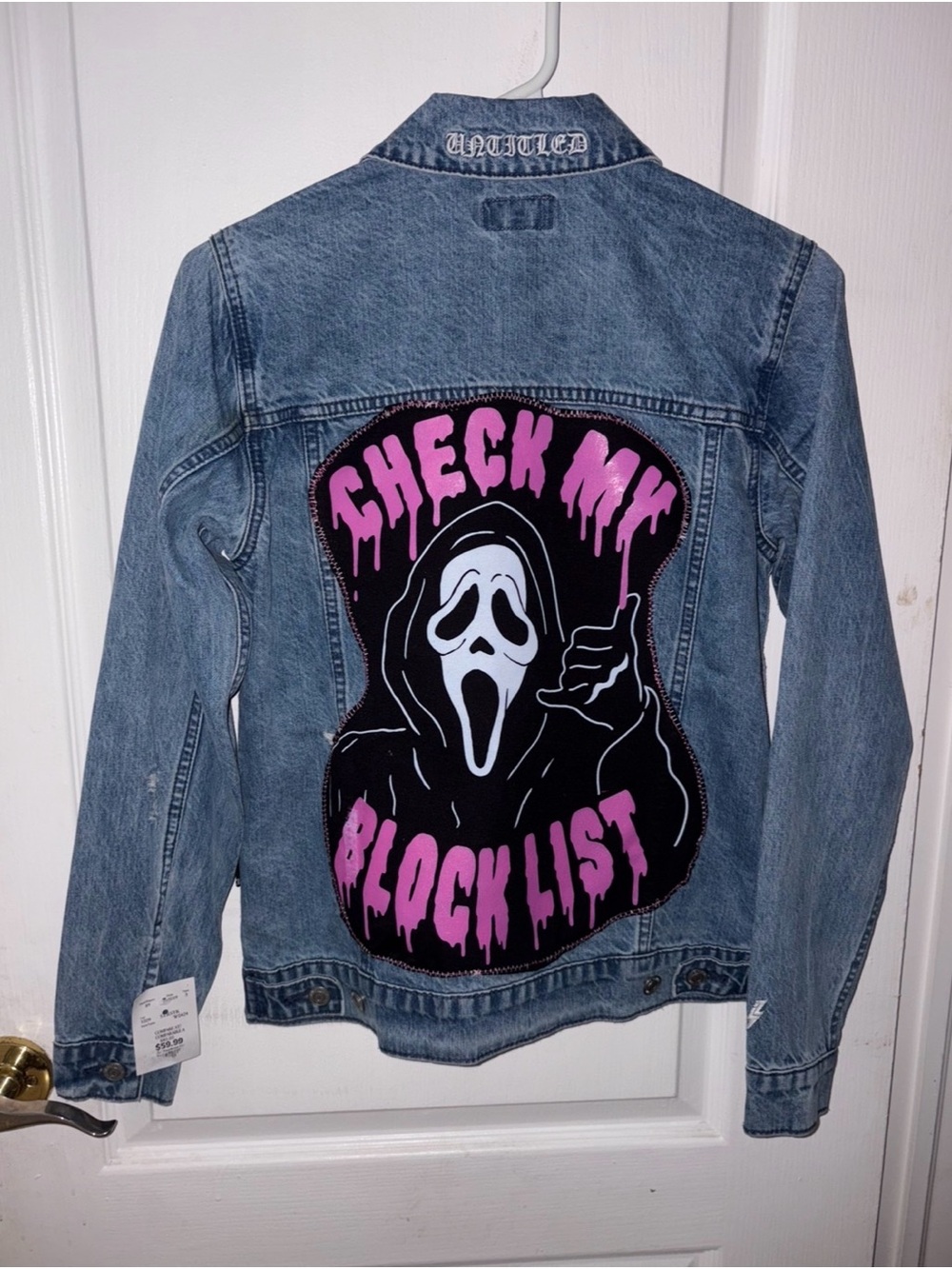 One of a kind upcycled Jacket with 'ghostface check My Blocklist' Graphic